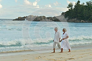 Portrait of elderly couple walking on tropical beach