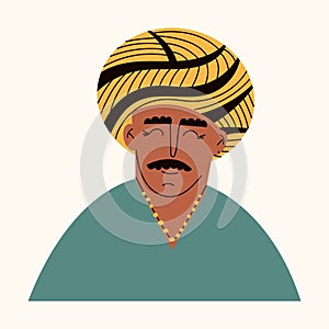 Portrait of elderly Indian man with turban. Avatar of a hindu ethnic father in traditional clothing. Oriental old male