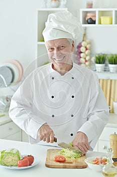 Portrait of elderly male chef cooking at kitchen