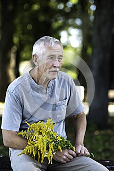 Portrait of an elderly man with gray hair and mustache sitting on a bench in a city Park photo