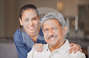 Portrait of elderly man with a nurse, bonding during a checkup at assisted living homecare . Smile, happy and friendly