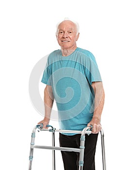 Portrait of elderly man using walking frame isolated