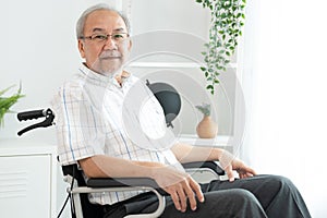 Portrait of an elderly man in a wheelchair contented and alone at home.