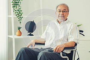 Portrait of an elderly man in a wheelchair contented and alone at home.