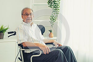 Portrait of an elderly man in a wheelchair contented and alone at home.