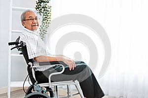 Portrait of an elderly man in a wheelchair contented and alone at home.