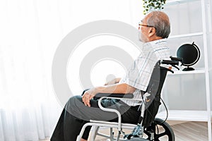 Portrait of an elderly man in a wheelchair contented and alone at home.