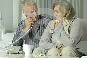 Portrait of elderly man and woman with telephone.