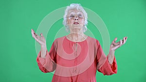 Portrait elderly woman looking at the camera with a shocked frightened expression and emotionally gesturing with her