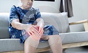 Portrait elderly woman sitting on sofa and suffering from pain her knee, she try to massage