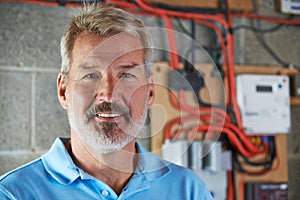 Portrait Of Electrician Standing Next To Fuseboard