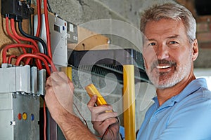 Portrait Of Electrician Standing Next To Fuseboard