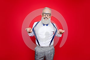 Portrait of elegant, confident, playful macho, old barber, styli