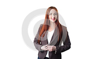 Portrait of elegantly dressed young caucasian redhead woman