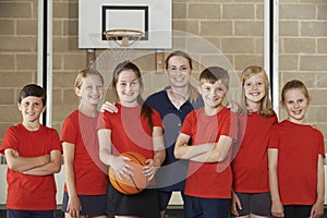 Portrait Of Elementary School Basketball Team With Coach