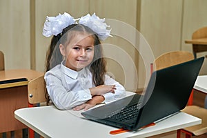 Portrait of elementary school students in class with a laptop .