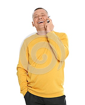 Portrait of emotional mature man talking on mobile phone