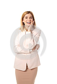 Portrait of emotional successful businesswoman on white