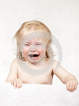 Portrait of emotional tears crying baby toddler blond