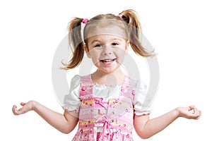 Portrait of emotionally kid. Cheerful cute little girl isolated on white background.