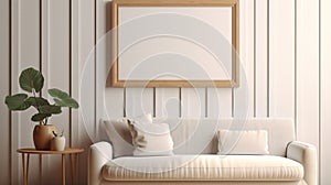 Portrait empty wooden frame mockup with linen cloth, velvet cushions and modern ceramic vases. White beadboard wainscot wall