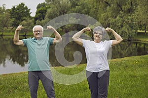 Portrait of an energetic senior couple doing sports exercise in a green summer park