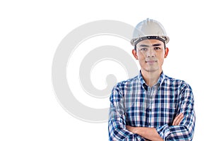 Portrait of engineer wear white safety helmet on isolated white backgrouond