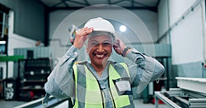 Portrait of engineer, woman and construction site with smile for business project, building and trade industry. Senior