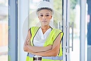 Portrait, engineering contractor or black woman in architecture career vision, leadership and goals. Proud, values and