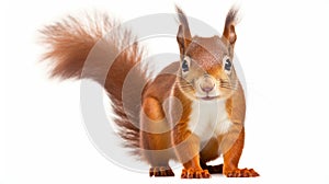 Portrait of eurasian red squirrel in front of a white background. generative ai