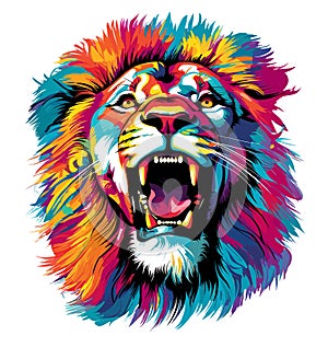 Portrait of evil and majestic lion in vector pop art style