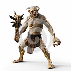 Portrait of a evil troll with spiked club, ready for battle on an isolated white background.