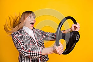 Portrait of excited funny lady hands hold steer look empty space open mouth isolated on yellow color background