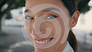 Portrait excited happy woman looking camera laughing. Girl rejoicing surprise.