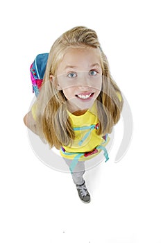Portrait of excited schoolgirl child with backpack  Education concept. Wide angle