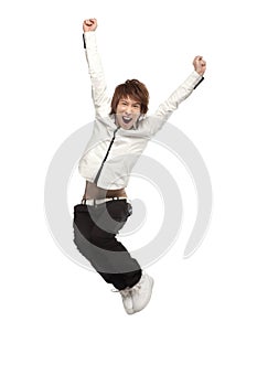 Portrait of an excited young man mid-air
