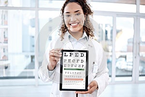 Portrait, eye chart and doctor with tablet in hospital for vision examination in clinic. Healthcare, snellen and medical