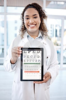 Portrait, eye chart and woman with tablet in hospital for vision examination in clinic. Healthcare, snellen and