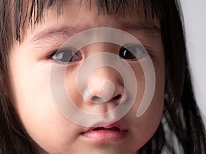 Portrait face of Asian little child girl with sad expression on dark background