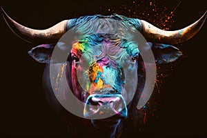 Portrait face of bull with colorful paint. Generative AI