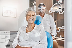 Portrait, face or doctor with happy woman in eye exam for eyesight at optometrist office with smile. Senior optician