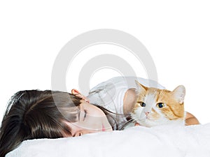 Portrait of face funny caucasian child kid girl sister with red cat isolated
