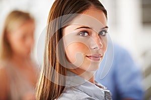 Portrait, face and internship with a business woman in her office on a blurred background for career. Professional