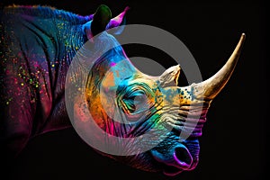 Portrait face of an rhinoceros with colorful paint. Generative AI