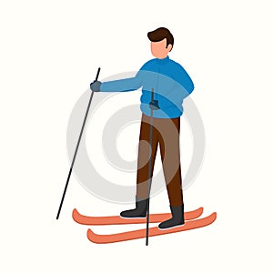 Portrait Of Faceless Young Man Skiing On White