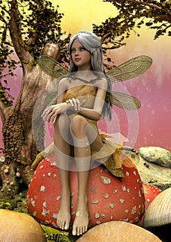 Portrait of a fairy sitting in a mushroom.