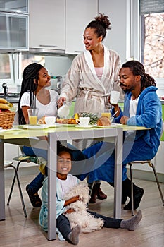 Portrait of a family breakfast together in the kitchen