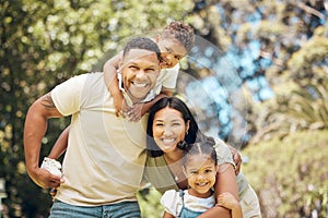 Portrait, family or children with a mother, father and sibling outdoor together in a park for bonding. Summer, love or