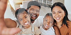 Portrait of family selfie, happy and smile relationship bonding together in home. Relax having fun, parents and young