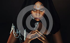Portrait fantasy african american woman dark queen. Halloween Girl voodoo witch, black costume dress. Gothic goddess